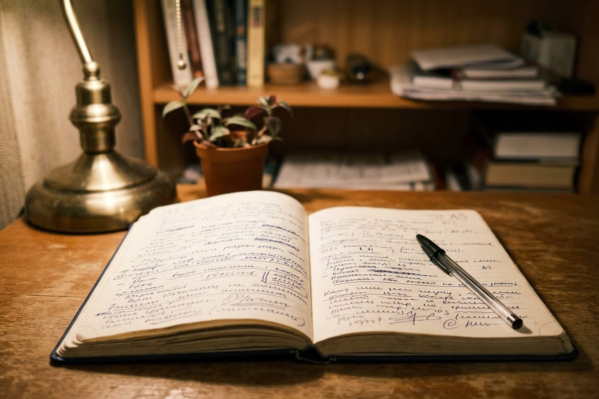 Раскрытый ежедневник с рукописными заметками под настольной лампой