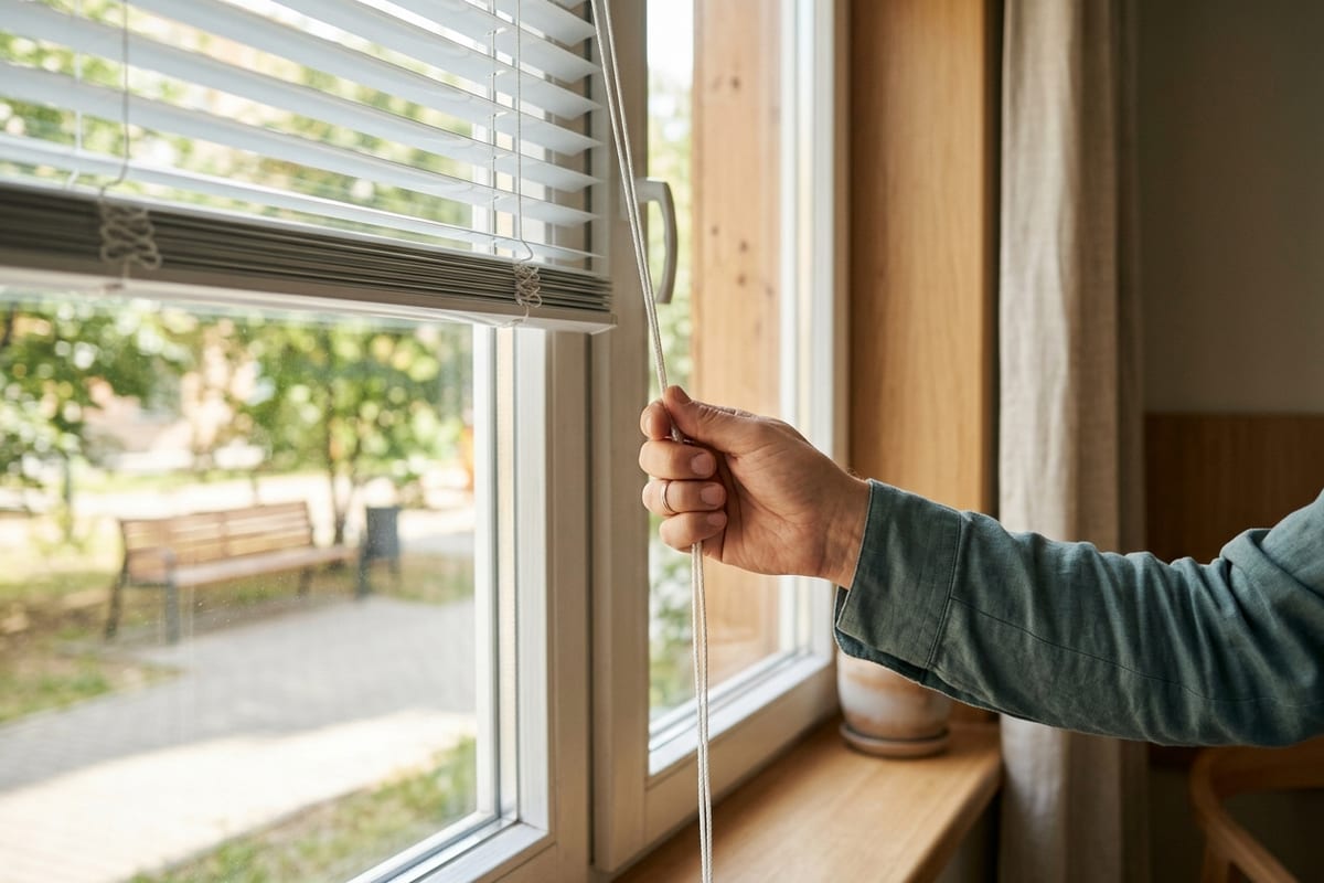 Крупный план: рука поднимает жалюзи за шнур, за окном обычный солнечный двор со скамейкой